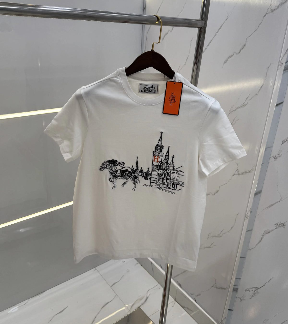 Hermes White Embroidery Logo Premium T-Shirt