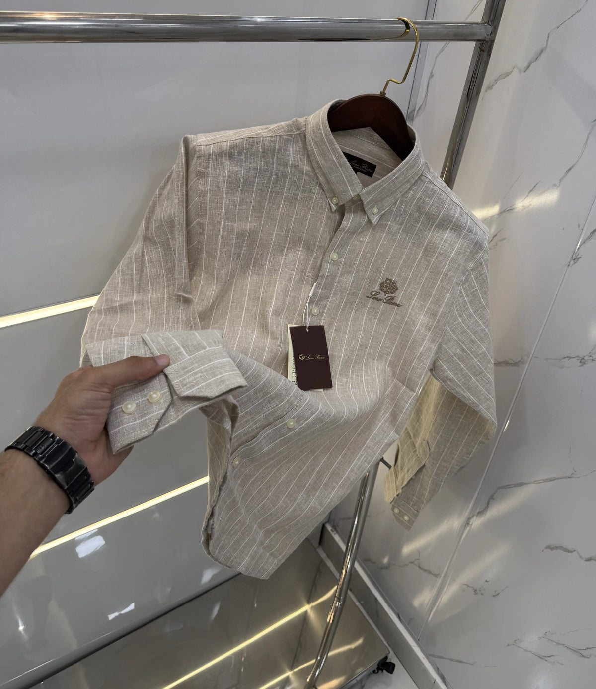 Loro Piana Beige Strips Embroidery Logo Premium Linen Shirt