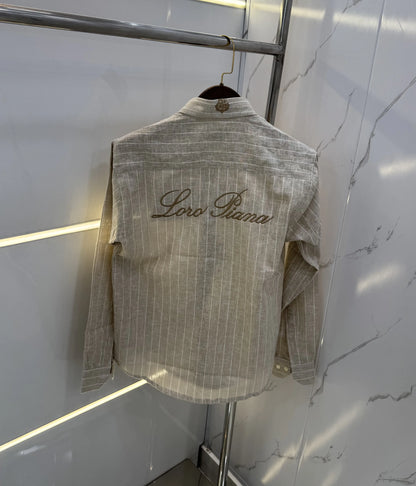 Loro Piana Beige Strips Embroidery Logo Premium Linen Shirt