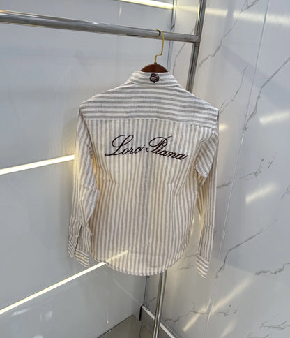 Loro Piana White Brown Strips Embroidery Logo Premium Linen Shirt