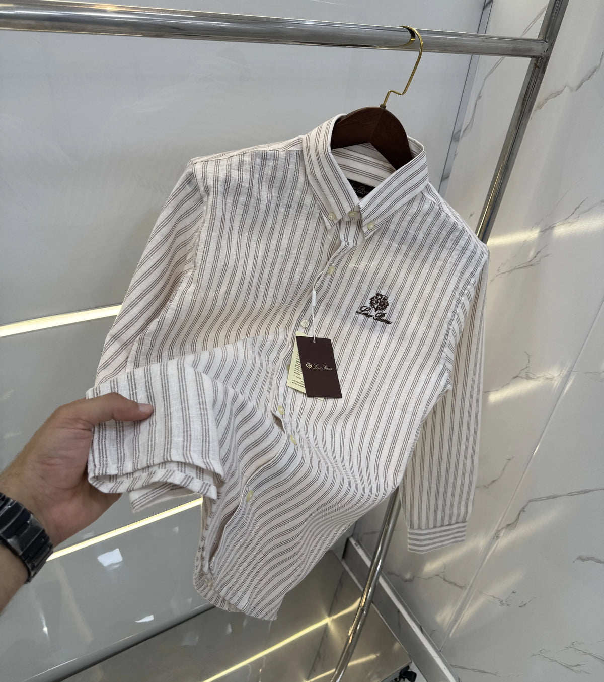 Loro Piana White Brown Strips Embroidery Logo Premium Linen Shirt