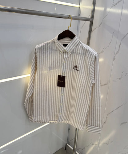 Loro Piana White Brown Strips Embroidery Logo Premium Linen Shirt